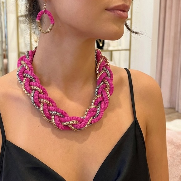 Hot Pink Braided Mesh Statement Necklace Set - Gold - Picture 3 of 5